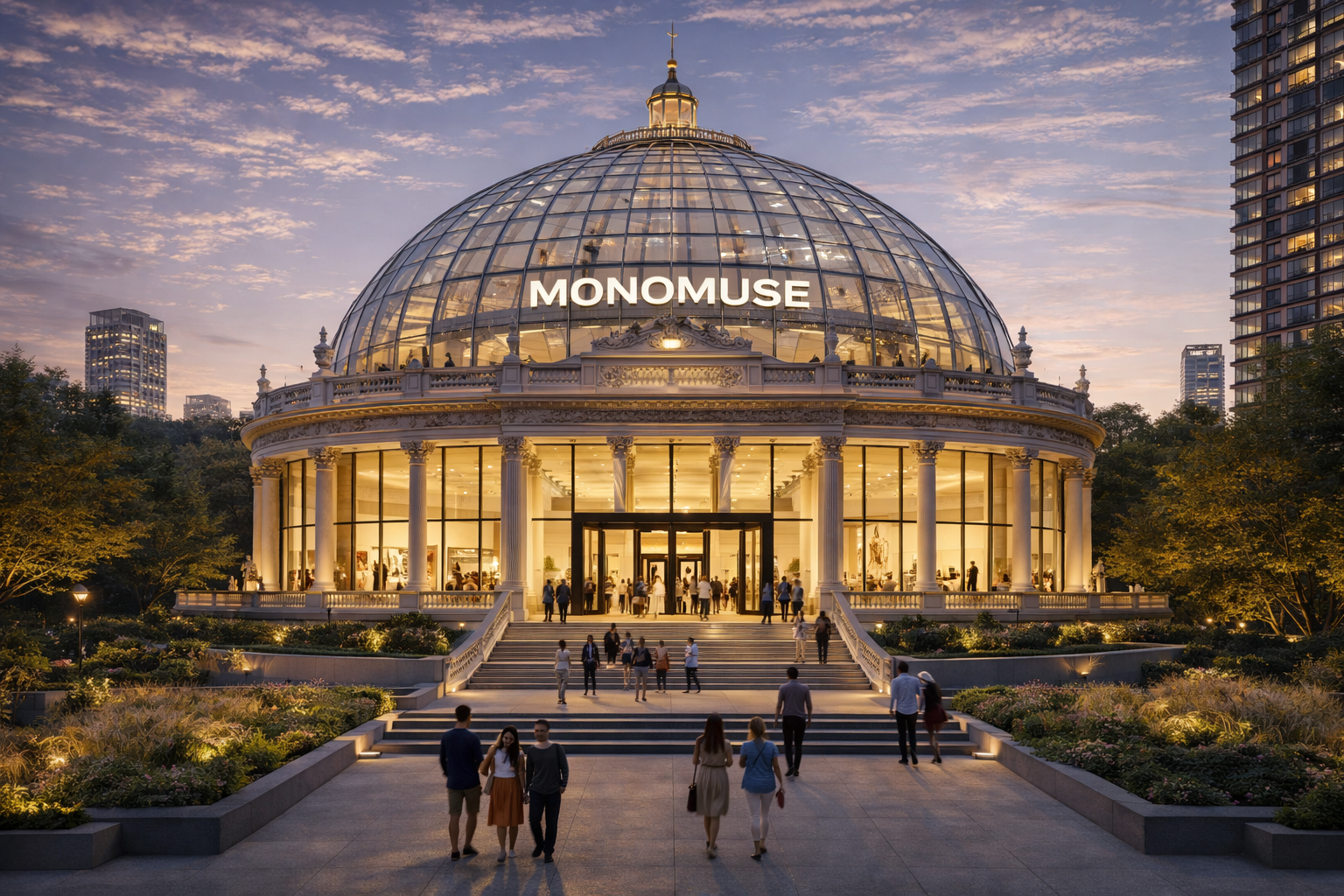 A modern glass-domed museum exterior filled with light and visitors.
