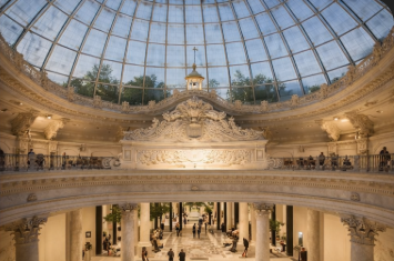 View looking up at the glass dome ceiling of MonoMuse museum.